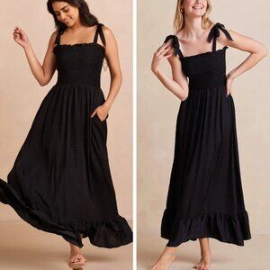Summersalt The Silky Luxe Smocked Maxi Dress Black LARGE
